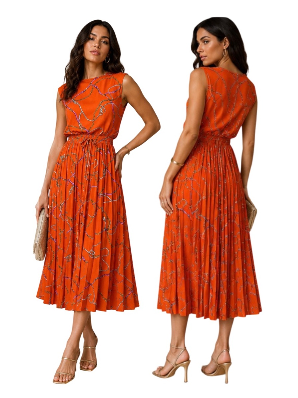 Donna Morgan Orange Chain Print Pleated Midi Dress Size 2 Retro Glam Tie Waist